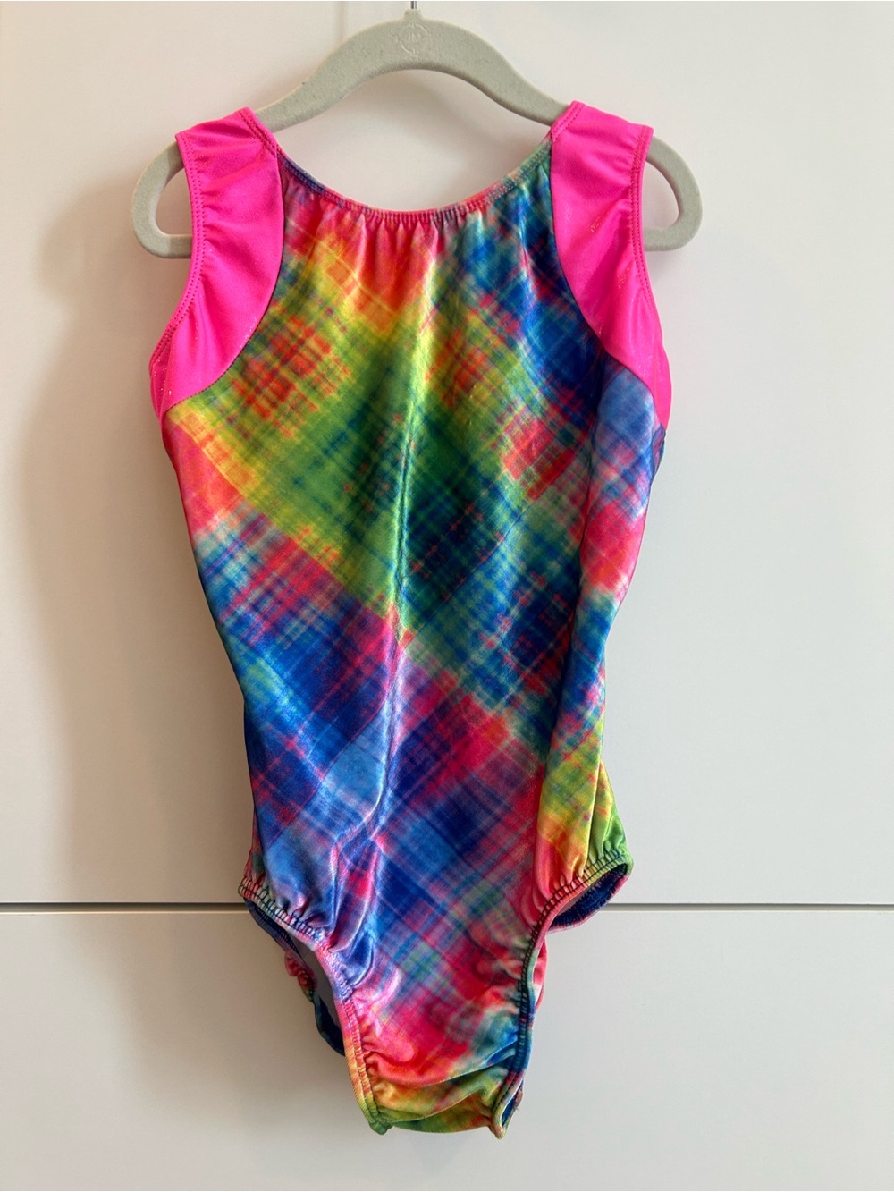 MotionWear Neon Pink Rainbow Plaid Gymnastics Dance Leotard - Adult Small